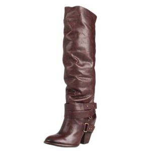 Fergie Varsity Chocolate Brown leather strappy slouchy knee high boots womens 8